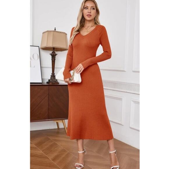 Arach & Cloz Dresses & Skirts - Arach & Cloz NWT Burnt Orange Long Sleeve V-Neck Ribbed Knit Midi Dress Size S